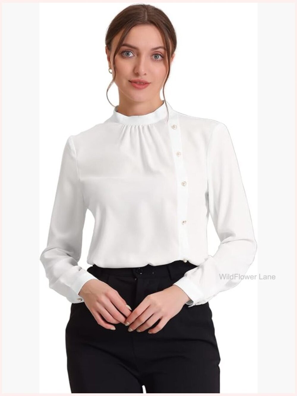 Elegant Stand Collar Long Sleeve Office Blouse Button Decor Vintage